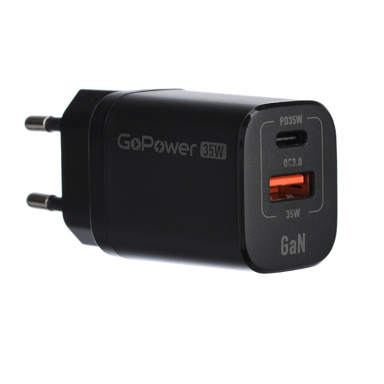 СЗУ QC3.0 (Вх. AC 100-240V, PD 35W, 1xUSB-C + 1xUSB-A, GaN)  GoPower GPQC09 Black
