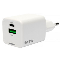 СЗУ QC4.0 (Вх. AC 100-240V, PD 20W, 1xUSB-C + 1xUSB-A, GaN) Cablexpert MP3A-PC-61 White