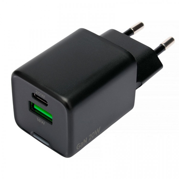 СЗУ QC4.0 (Вх. AC 100-240V, PD 20W, 1xUSB-C + 1xUSB-A, GaN)  Cablexpert MP3A-PC-62 Black