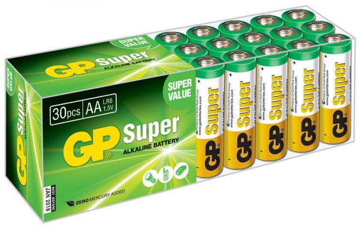 Батарейки [ AA / LR6 ] (1.5V, щелочные, 30шт)  GP "Super Alkaline" [GP15A]