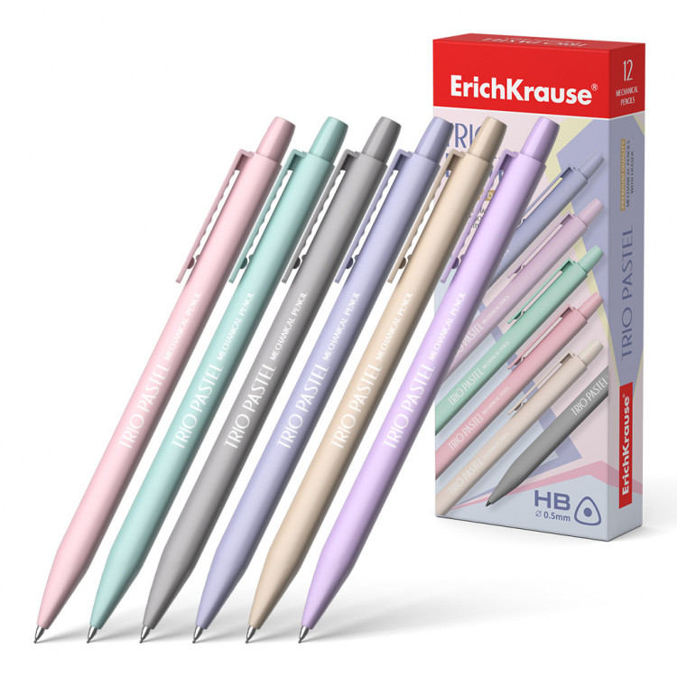 Карандаш механический НВ 0.5мм, б/л ErichKrause "Trio Pastel" корпус трехгранный, ассорти [56013]