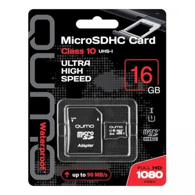 Карта памяти microSD  16Gb Сlass 10 UHS-I до 90Mb/s + SD-адаптер QUMO