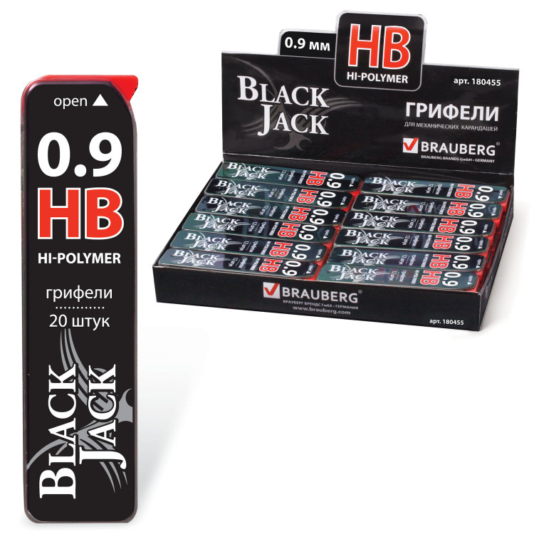 Грифели для механических карандашей (0.9мм, HB, 20шт) Brauberg "Black Jack" [180455]