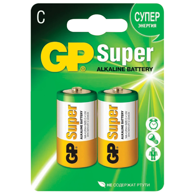 Батарейки [ C / LR14 ] (1.5V, щелочные, 2шт) GP "Super Alkaline" [GP14A]