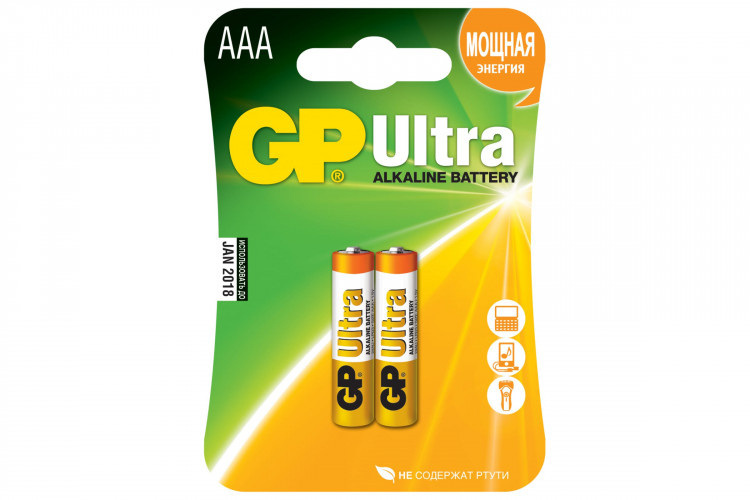 Батарейки [ AAA / LR03 ] (1.5V, щелочные, 2шт)  GP "Ultra Alkaline" [GP24AU]