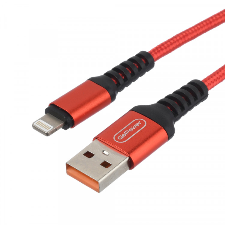 GoPower 00-00022789 001 Кабель USB 2.0 A --> Apple Lightning 8pin (1.0м, 2.4A) GoPower GP02L Red