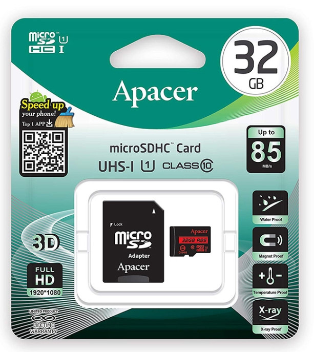 Карта памяти microSD  32Gb Сlass 10 UHS-I U1 до 85Mb/s + SD адаптер  Apacer [AP32GMCSH10U5-R]