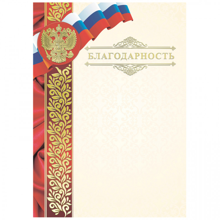 Благодарность А4 190 г/м2, мелованный картон ArtSpace тиснение фольгой, гос. символика [BBLKF_10572]