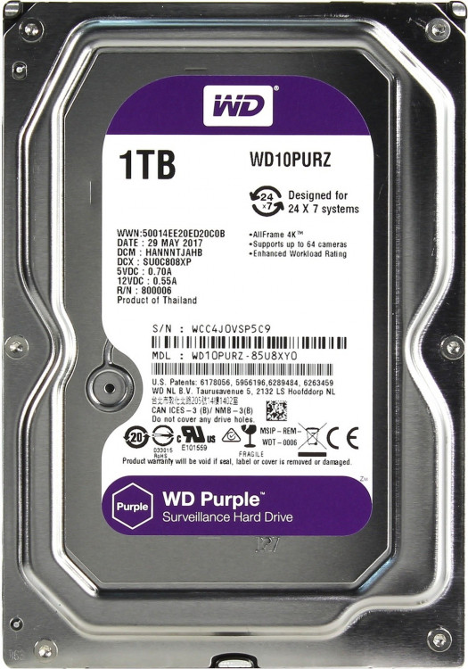 Накопитель HDD 3.5" SATA 6Gb/s  1Tb WD Purple [WD10PURZ] (5400rpm, 64Mb)