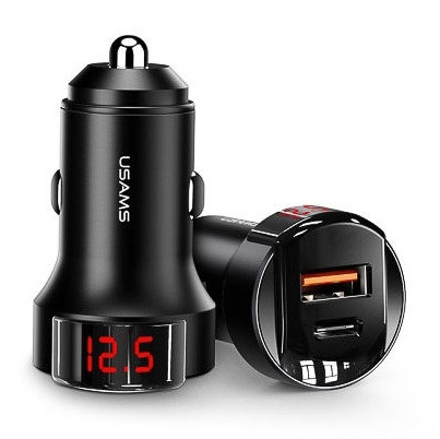 АЗУ QC3.0 (Вх. 12-24V, Вых. 5-12V, 1xUSB A + 1xUSB C, 42W)  USAMS C19 Black [CC113TC01]