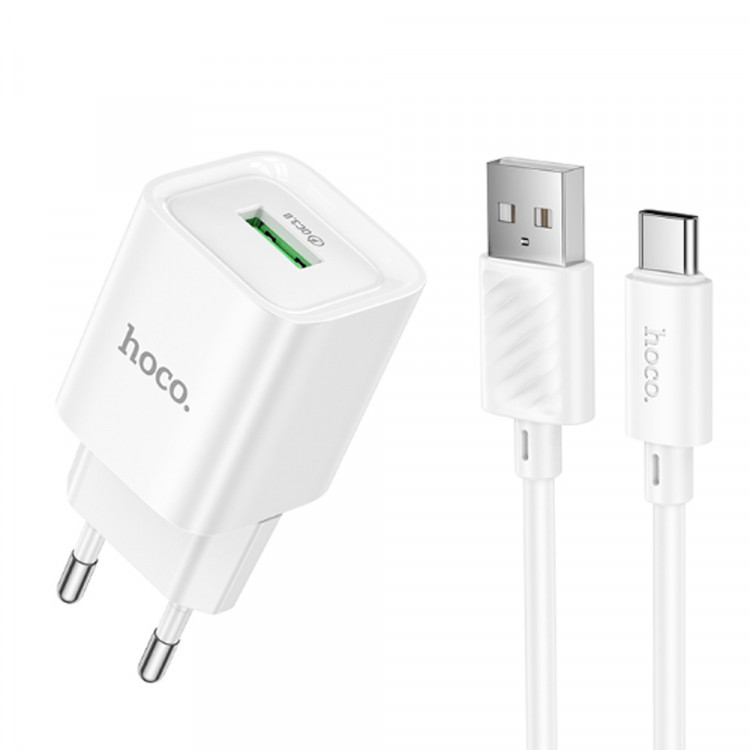 СЗУ QC3.0 (Вх. AC 100-240V, PD 18W, 1xUSB-A)  hoco C145A + Кабель USB-A --> USB-C, White