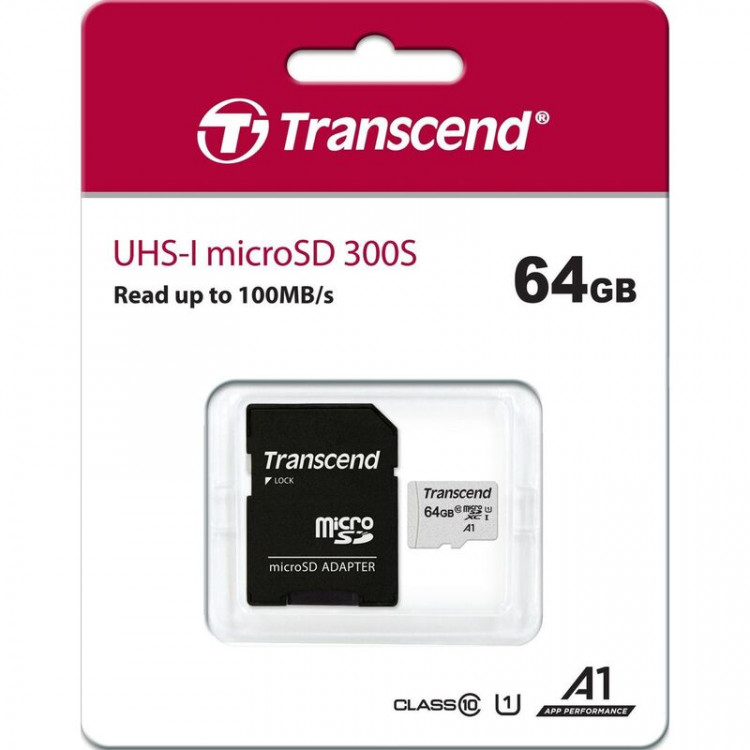 Карта памяти microSD  64Gb UHS-I U3 A1 до 100Mb/s  Transcend 300S [TS64GUSD300S-A] + адаптер SD