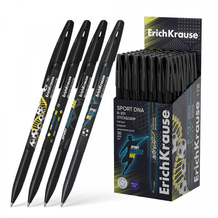 Ручка шариковая синяя ErichKrause "R-301 Stick&Grip Sport DNA" 0.7мм грип [61006]