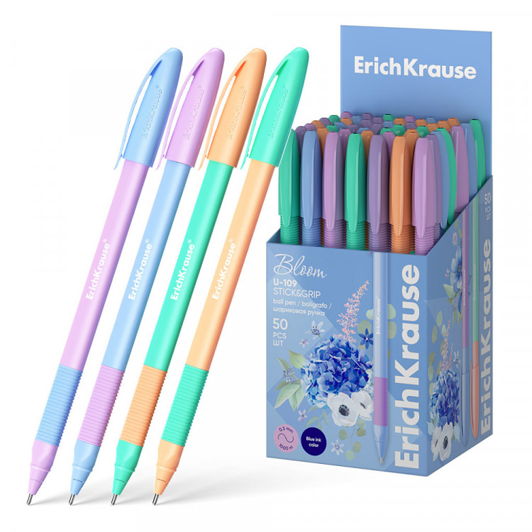 Ручка шариковая масляная синяя ErichKrause "U-109 Stick&Grip Pastel Bloom " 1.0мм грип [61025]