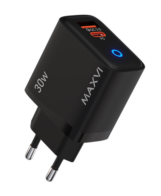 СЗУ QC3.0 (Вх. AC 100-240V, PD 30W, 1xUSB-C + 1xUSB-A, индикатор заряда)  Maxvi SFC-230PD