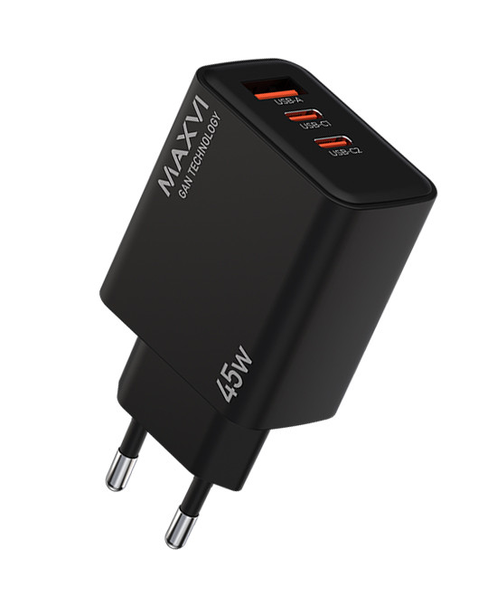MAXVI SFC-345GN black 001 СЗУ QC3.0 (Вх. AC 100-240V, PD 45W, 2xUSB-C + 1xUSB-A, GaN) Maxvi SFC-345GN