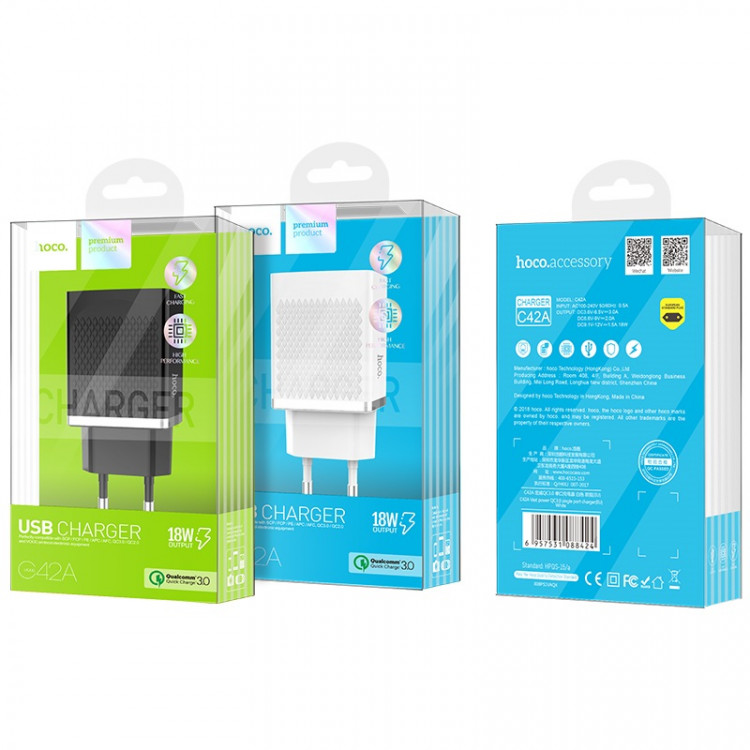 СЗУ QC3.0 (Вх. AC 100-240V, Вых. DC 3.6-12V, 1xUSB, 18W)  hoco [C42A White]