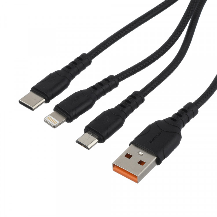 Кабель USB 2.0 A --> 3 в 1 : Apple Lightning, Type-C, micro-USB (1.0м, 2.4A)  GoPower [GP05-3-1 BK]