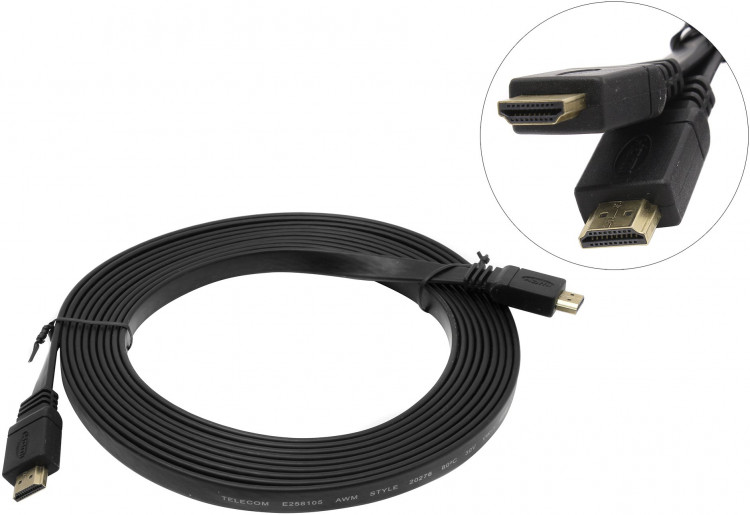 Кабель HDMI-->HDMI (19M-19M, 5м, v.1.4) плоский Telecom