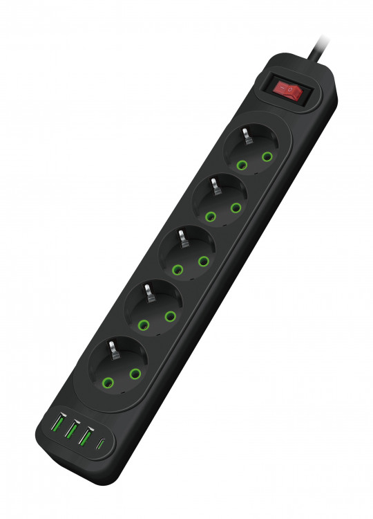 Удлинитель электрический 2.0м, 5 розеток, 3xUSB-A+1xUSB-C, выключатель, 2500Вт  Amper [JH-1083U-2B]