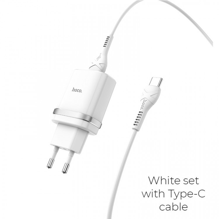 СЗУ QC3.0 (Вх. AC 100-240V, Вых. DC 3.6-12V, 1xUSB, 18W)  hoco [C12Q White] + Кабель Type-C 1.0м