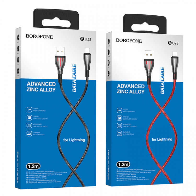 Кабель USB 2.0 A --> Apple Lightning 8pin (1.2м, 2.4A)  BOROFONE BU23 "Highway" Black+Grey