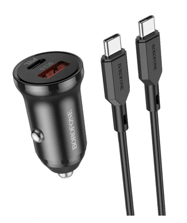 АЗУ QC3.0 (Вх. 12-24V, PD 20W, 1xUSB-A, 1xUSB-C)  BOROFONE BZ18A Black + Кабель USB-C --> USB-C 1м