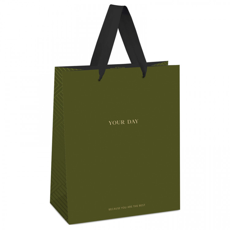 Пакет подарочный бумажный 32x26x12см MESHU "Olive tone" фольга, выб. лак, мат. ламинация [MS_45824]